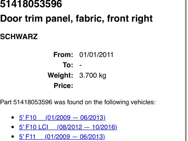 bontott BMW 5 F10 Jobb első Ajtó Kárpit