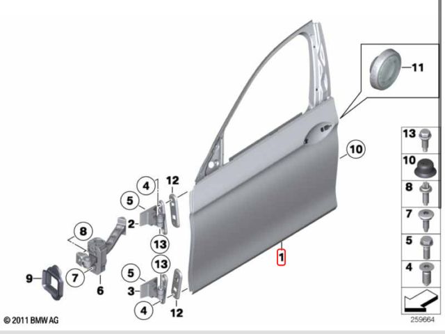 bontott BMW 5 F10 Jobb első Ajtó (Üres lemez)