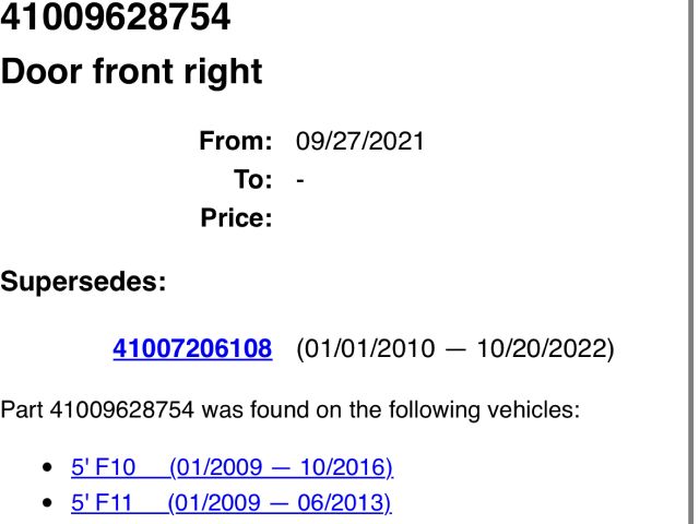 bontott BMW 5 F10 Jobb első Ajtó (Üres lemez)