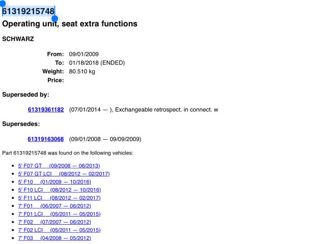 bontott BMW 5 F10 Jobb első Ülésállító Kapcsoló