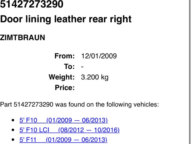 bontott BMW 5 F10 Jobb hátsó Ajtó Kárpit