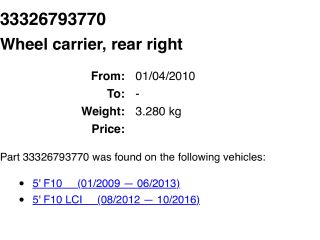 bontott BMW 5 F10 Jobb hátsó Csonkállvány Kerékaggyal