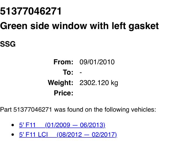 bontott BMW 5 F11 Bal C Oszlop Oldalablak Üveg