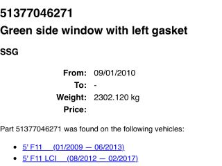 bontott BMW 5 F11 Bal C Oszlop Oldalablak Üveg