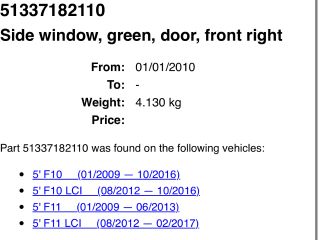 bontott BMW 5 F11 Jobb első Ablak