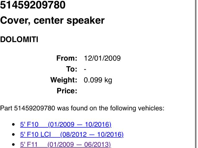 bontott BMW 5 F11 Műszerfal Középső Hangszóró Burkolat