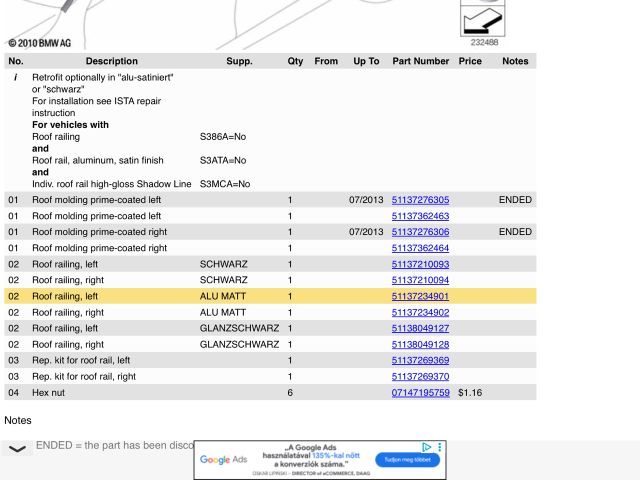 bontott BMW 5 F11 Tetősín Pár