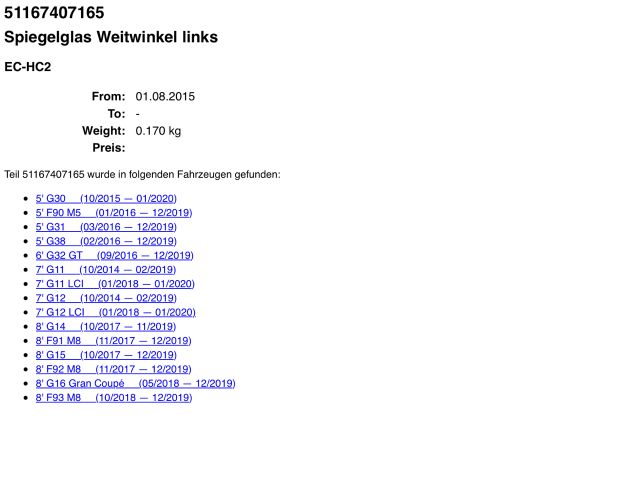 bontott BMW 5 G30 Bal Tükörlap