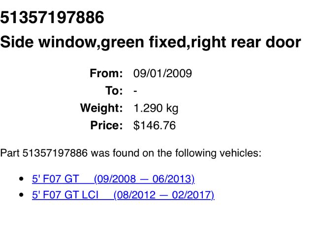 bontott BMW 5 GT Jobb hátsó Fixüveg (Ajtóban)