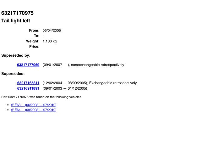 bontott BMW 6 Bal Hátsó Lámpa