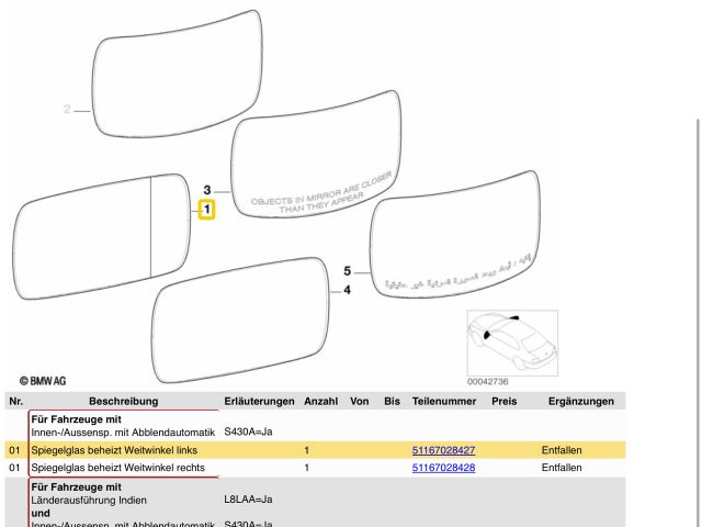 bontott BMW 7 Bal Tükörlap