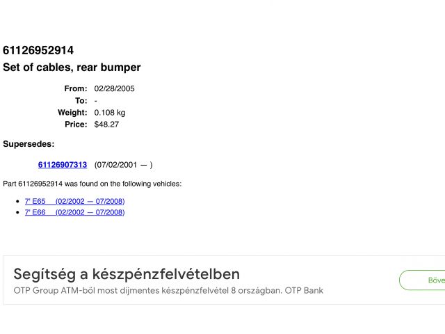 bontott BMW 7 Első Tolatóradar Kábelköteg