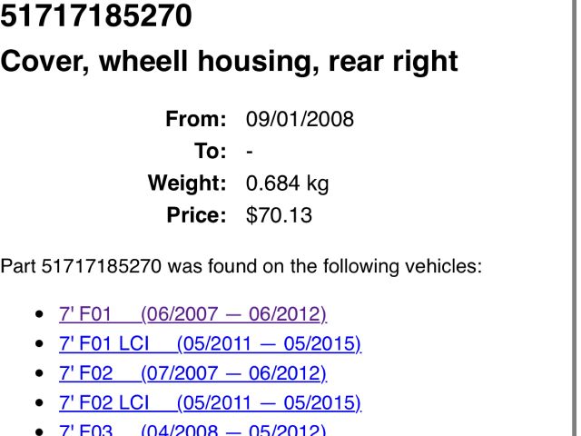 bontott BMW 7 Jobb hátsó Hátsó Dobbetét (Kerékjárati, Műanyag)