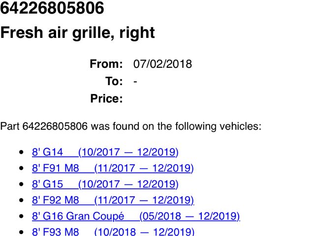 bontott BMW 8 Jobb Szellőző