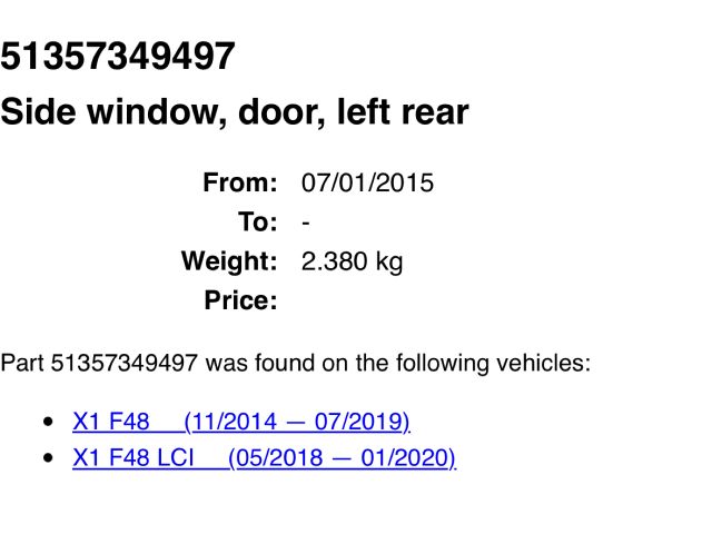 bontott BMW X1 Bal hátsó Fixüveg (Ajtóban)