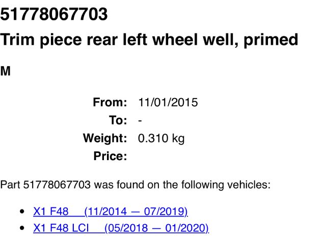 bontott BMW X1 Bal hátsó Sárvédő Díszléc