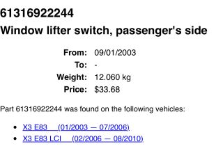 bontott BMW X3 Bal hátsó Ablakemelő Kapcsoló