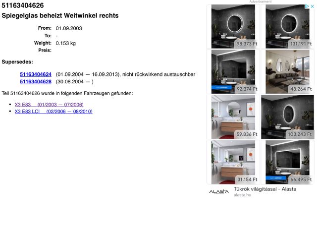 bontott BMW X3 Jobb Tükörlap