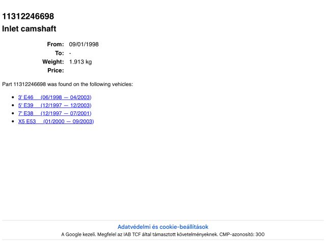 bontott BMW X5 Vezérműtengely (Magában)