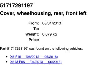 bontott BMW X5 Bal első Hátsó Dobbetét (Kerékjárati, Műanyag)