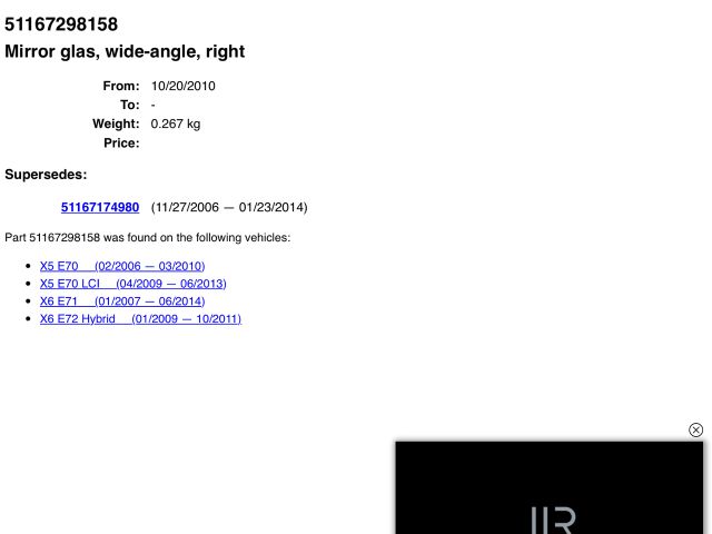 bontott BMW X5 Jobb Tükörlap