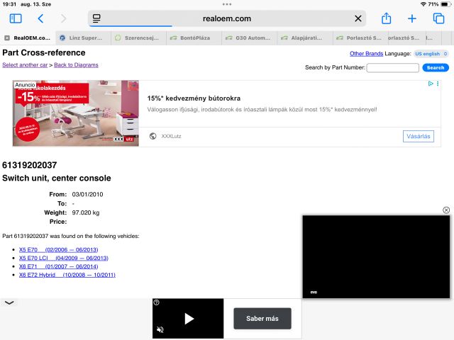 bontott BMW X6 Tolatóradar Kapcsoló