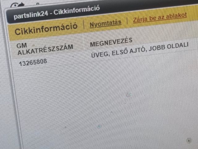 bontott OPEL ASTRA J Jobb első Ablak