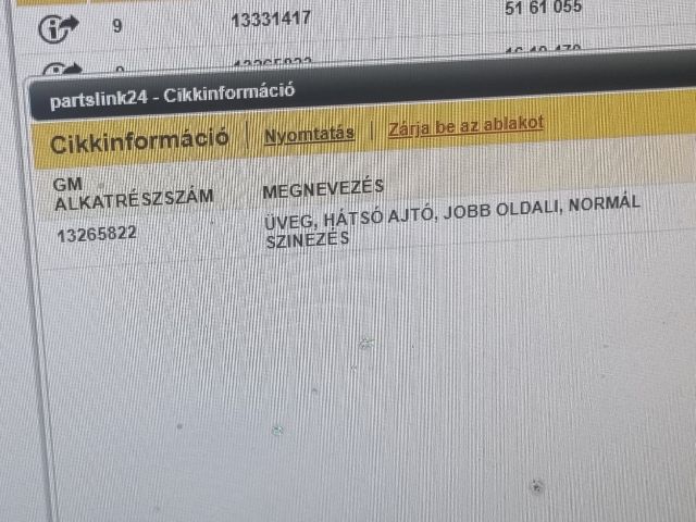 bontott OPEL ASTRA J Jobb hátsó Ablak