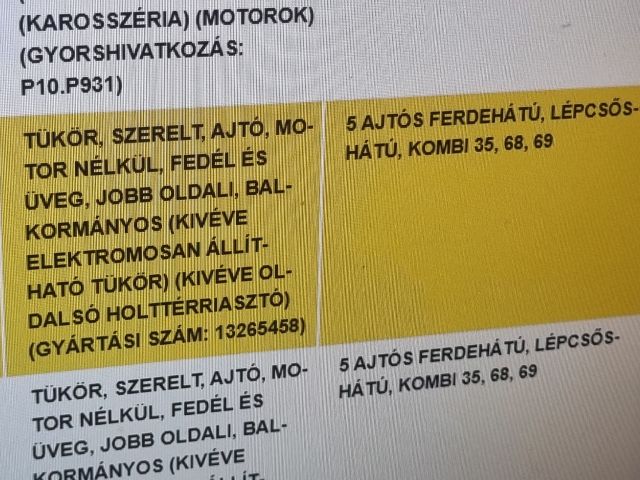 bontott OPEL ASTRA J Jobb Visszapillantó Tükör (Elektromos)