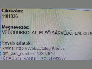 bontott OPEL MERIVA B Bal első Dobbetét (Kerékjárati, Műanyag)