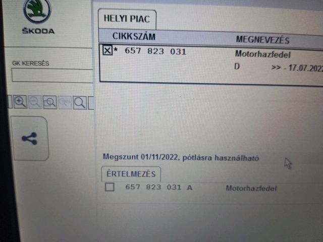 bontott SKODA SCALA Motorháztető