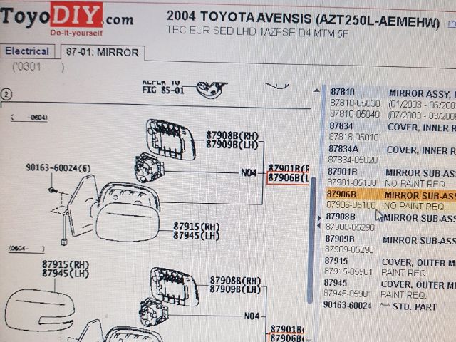 bontott TOYOTA AVENSIS T25 Bal Visszapillantó Tükör (Elektromos)