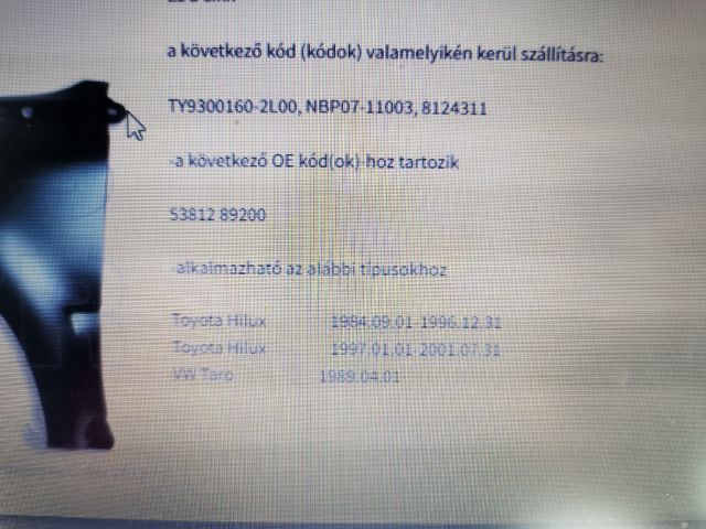 bontott TOYOTA HILUX Bal első Sárvédő