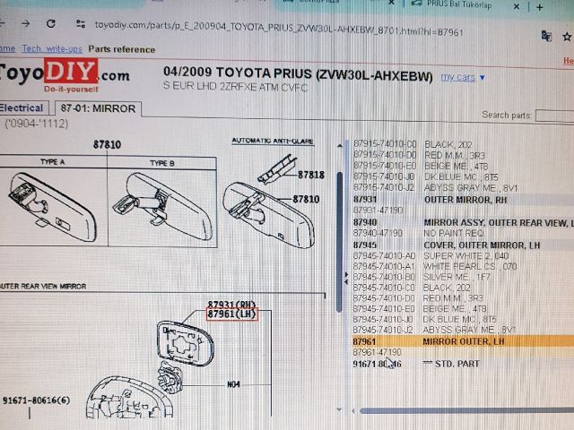 bontott TOYOTA PRIUS Bal Tükörlap