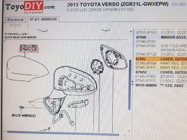 bontott TOYOTA VERSO Bal Visszapillantó Tükör Burkolat