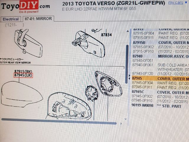 bontott TOYOTA VERSO Bal Visszapillantó Tükör Burkolat