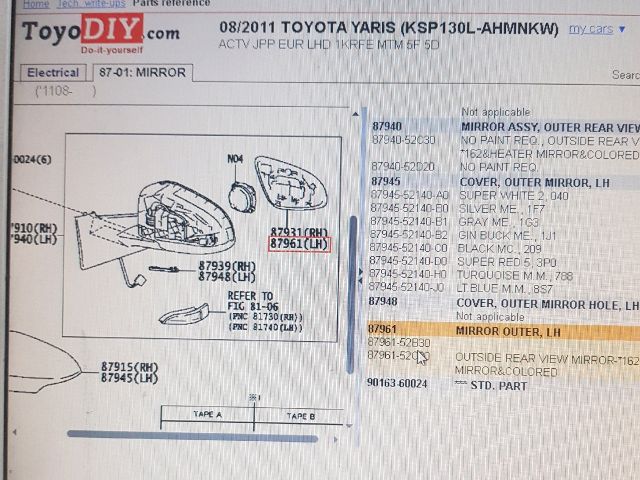 bontott TOYOTA YARIS Bal Tükörlap