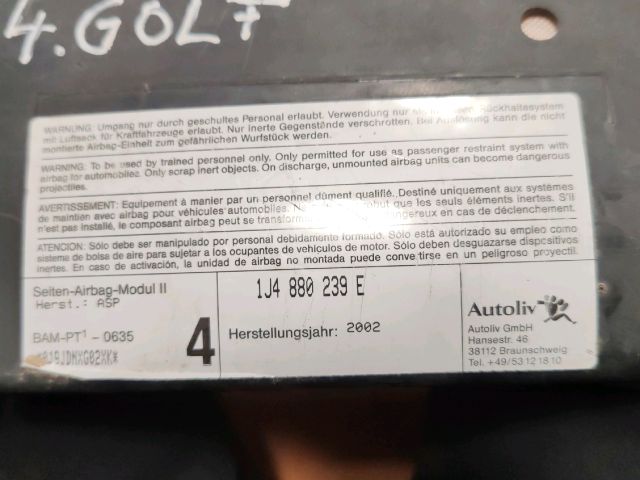 bontott VW GOLF IV Bal Függönylégzsák és Oldallégzsák