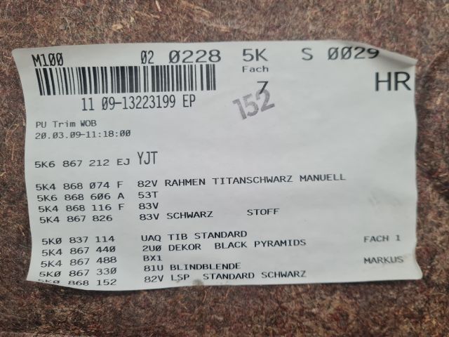 bontott VW GOLF VI Bal hátsó Ajtó Kárpit