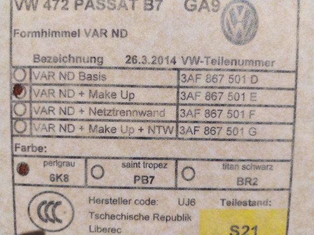 bontott VW PASSAT B7 Tetőkárpit